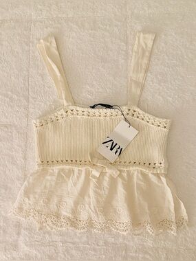 Zara Knit Lace Cream Off-White Babydoll Top